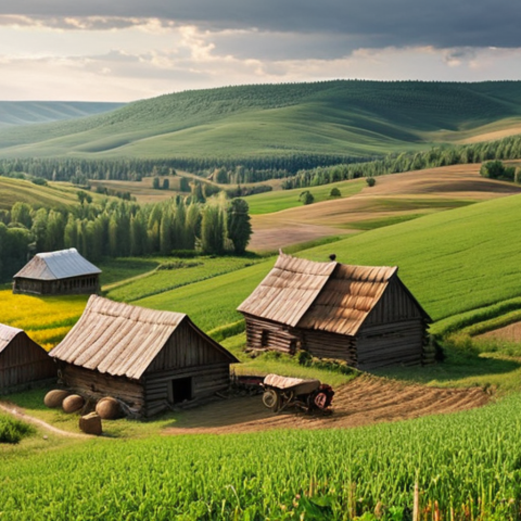 ** A picturesque rural scene in Russia showcasing traditional farming practices. Focus on showcasing the beauty of the landscape and highlighting the ecological benefits of agricultural tourism. Elements: rolling hills, a classic Russian village, farmers tending crops, natural lighting, and a sense of peace.

**