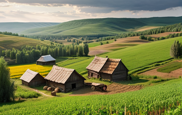 ** A picturesque rural scene in Russia showcasing traditional farming practices. Focus on showcasing the beauty of the landscape and highlighting the ecological benefits of agricultural tourism. Elements: rolling hills, a classic Russian village, farmers tending crops, natural lighting, and a sense of peace.

**
