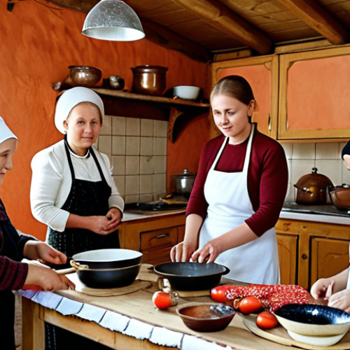 **

*   **Prompt:** A group of tourists participating in a hands-on cooking class in a rustic Russian village kitchen. The class focuses on traditional Russian cuisine, with local ingredients prominently displayed. The scene includes a warm, inviting atmosphere with a babushka-style woman leading the class. Consider details like samovars, traditional patterns, and countryside elements.

**