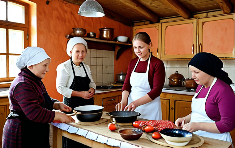 **

*   **Prompt:** A group of tourists participating in a hands-on cooking class in a rustic Russian village kitchen. The class focuses on traditional Russian cuisine, with local ingredients prominently displayed. The scene includes a warm, inviting atmosphere with a babushka-style woman leading the class. Consider details like samovars, traditional patterns, and countryside elements.

**