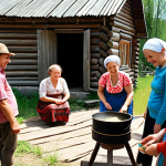 **A rural tourism guide interacting with a group of tourists in a picturesque Russian village. The tourists are visibly delighted, engaging in traditional activities like spinning wool or learning to cook a local dish. The scene should highlight the authentic cultural experience and the guide's passion for sharing their knowledge.**