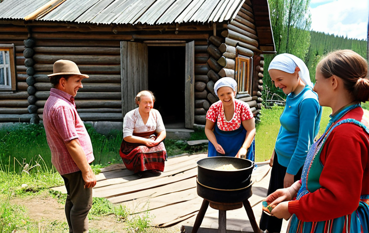 **A rural tourism guide interacting with a group of tourists in a picturesque Russian village. The tourists are visibly delighted, engaging in traditional activities like spinning wool or learning to cook a local dish. The scene should highlight the authentic cultural experience and the guide's passion for sharing their knowledge.**