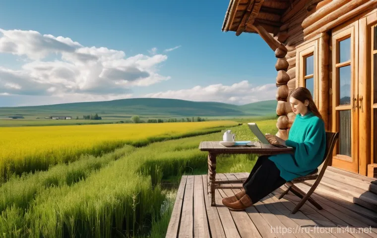 농촌관광지도사 업무 개선 사례 - **A Rustic Tech Retreat**
A young, modern woman, appearing to be a digital nomad or travel blogg...