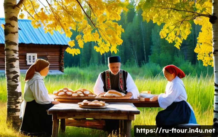 농촌관광지도사 실무 일기 - A serene Russian countryside scene in early autumn, featuring traditional wooden cottages with intri...