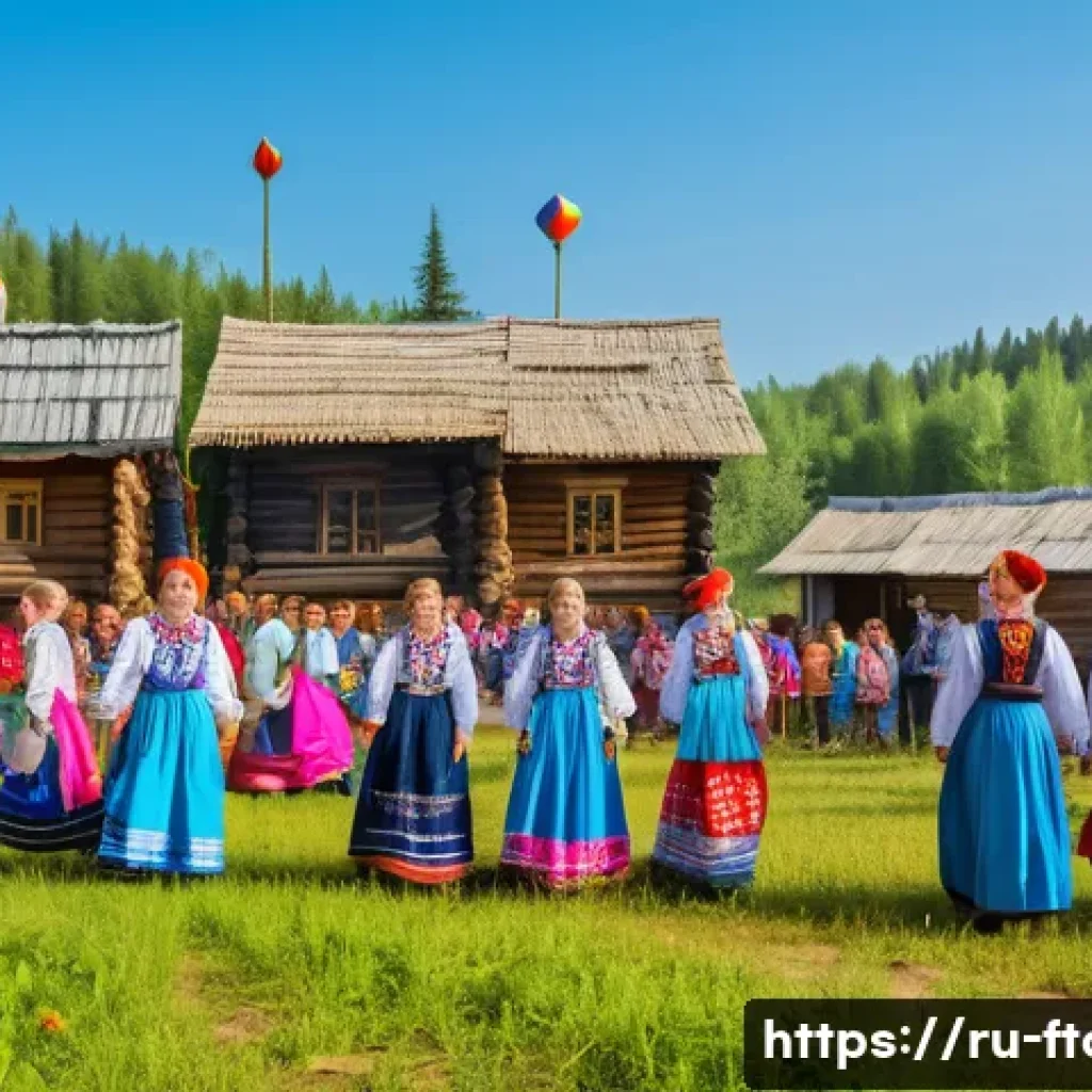 농촌관광지도사로 일하면서 느낀 점 - A vibrant rural village scene in the Russian countryside during a traditional festival, with locals ...