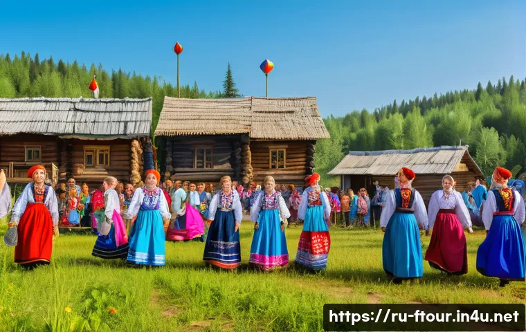 농촌관광지도사로 일하면서 느낀 점 - A vibrant rural village scene in the Russian countryside during a traditional festival, with locals ...