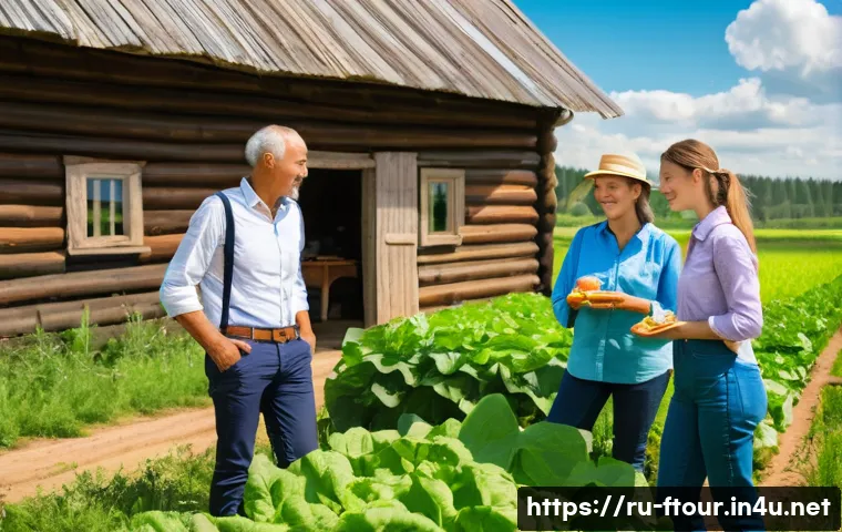 농촌관광지도사 연봉협상 팁 - A vibrant rural agritourism scene in the Russian countryside during summer, featuring a diverse grou...