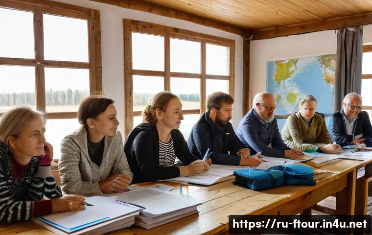 농촌관광지도사 시험 자료 다운로드 - A detailed scene of a rural tourism training seminar in Russia, featuring a diverse group of adults ...