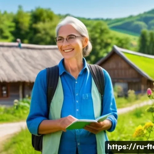 Home 32 농촌관광지도사로서의 자기계발 - A warm and inviting rural tourism guide interacting with a diverse group of tourists outdoors in a l...
