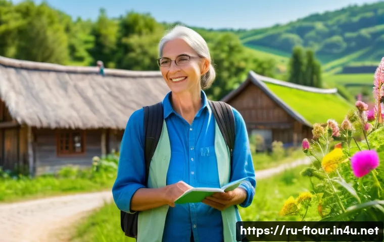 농촌관광지도사로서의 자기계발 - A warm and inviting rural tourism guide interacting with a diverse group of tourists outdoors in a l...