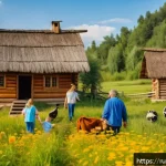 Home 18 농촌관광지도사와 농업 트렌드 - A vibrant rural landscape in the Russian countryside during late summer, featuring traditional woode...