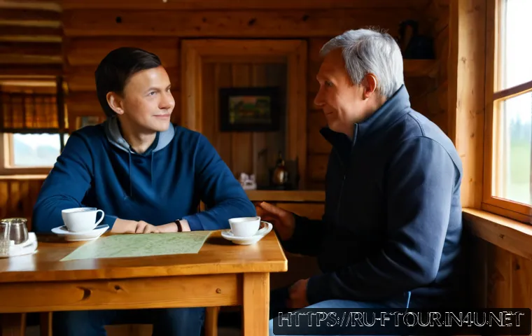 농촌관광지도사와 고객 니즈 분석 - Photorealistic rural tourism consultant in a cozy Russian countryside guesthouse, attentively discus...