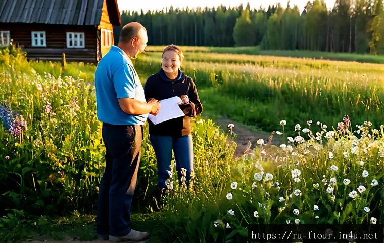 농촌관광지도사와 지역 네트워킹 - Photorealistic rural tourism guide in a traditional Russian countryside village, warmly greeting a s...